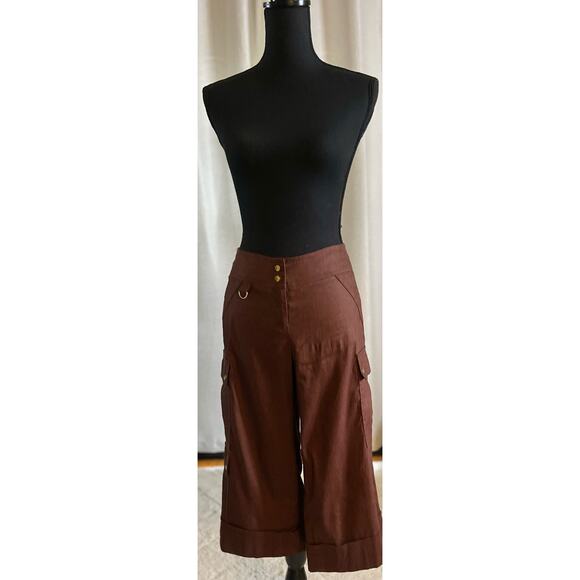 Cache Brown Linen Cargo Capris Wide Leg Size 6 - Picture 1 of 8